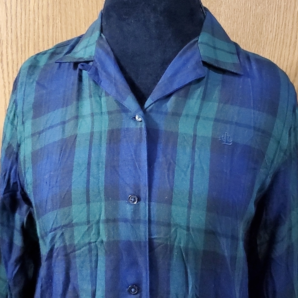 Lauren Ralph Lauren blue green plaid rayon button down long sleeve soft shirt